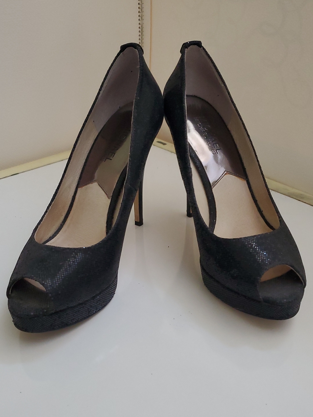 Michael Kors Sparkly Black Peep-Toe Stilettos
